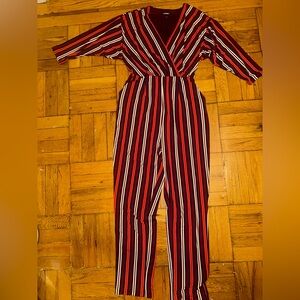 Express Jumpsuit Womens 3/4 Sleeve Striped V-Neck Tie Waist Multicolor XS